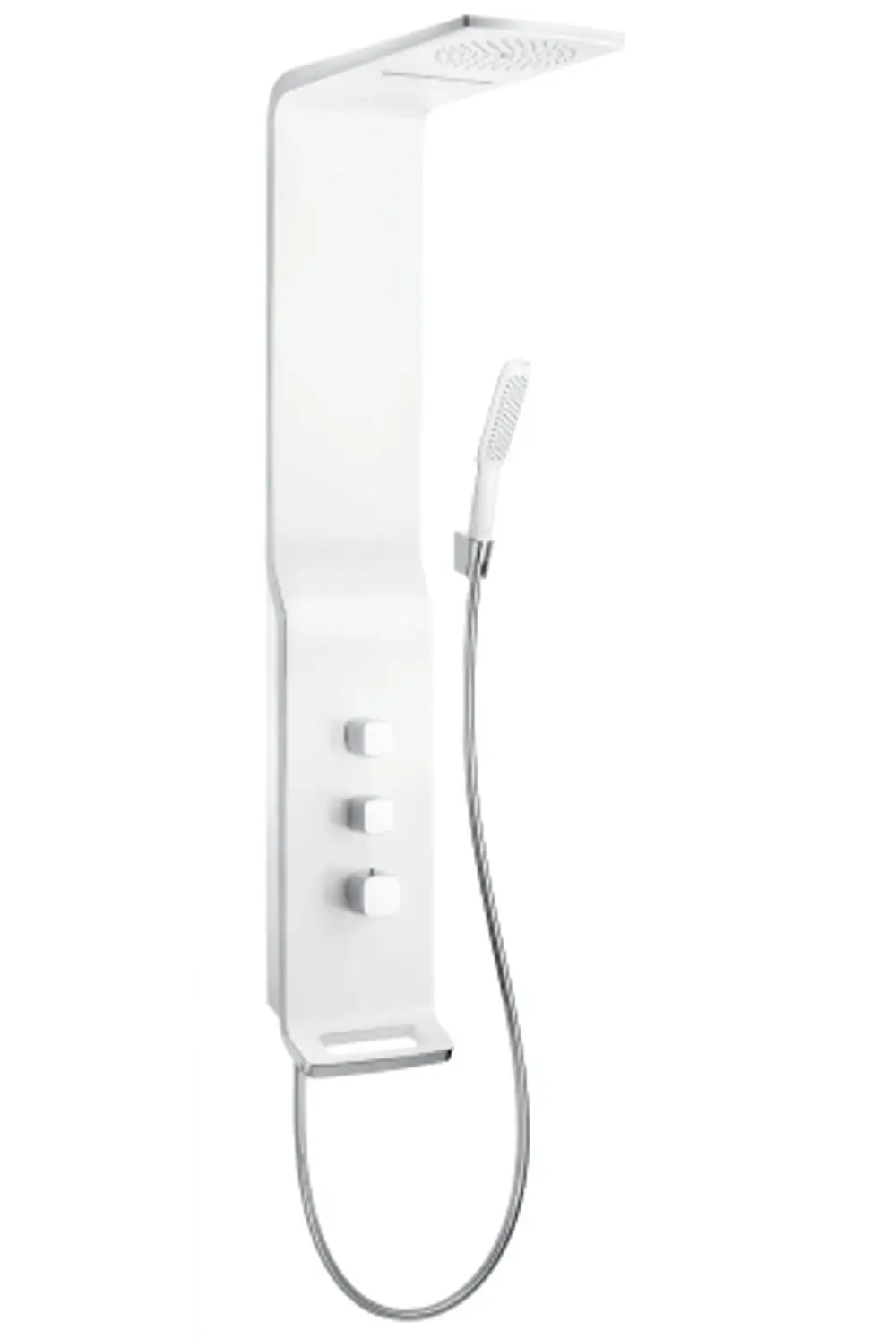 Weißes Duschpaneel mit integrierter Regendusche und Handbrause von Hansgrohe, ausgestattet mit drei Bedienelementen an der Vorderseite.